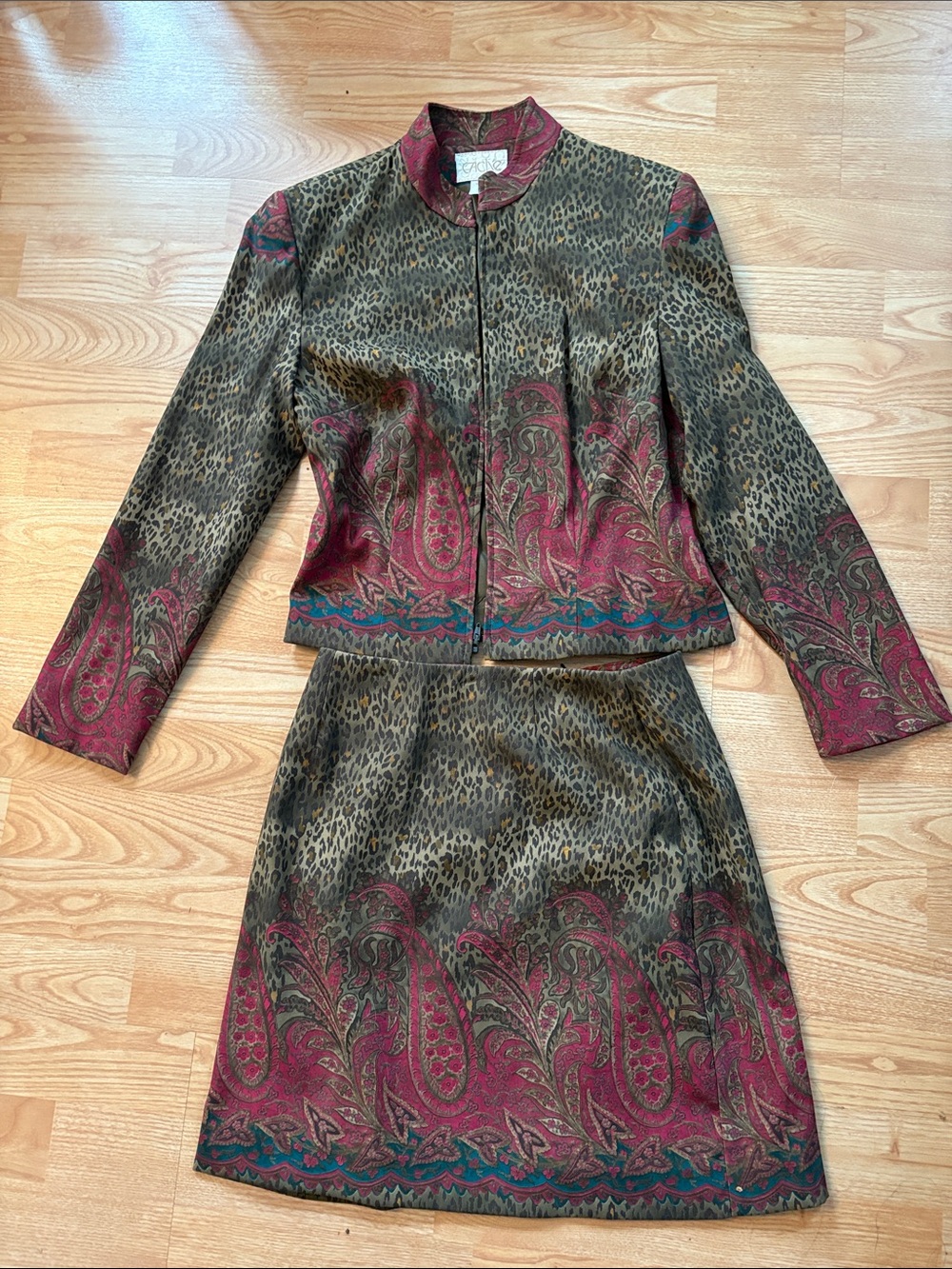 Cache Paisley & Leopard Print Two-Piece Skirt Set in Burgundy and Olive